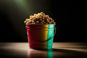 a bucket filled with peanuts on a table. AI-Generated photo