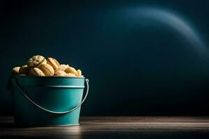 un Cubeta lleno con galletas en un mesa. generado por ai foto