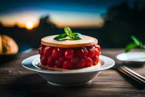 a strawberry jello dessert on a plate. AI-Generated photo