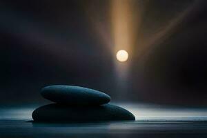 two rocks sit on the water in front of a bright light. AI-Generated photo