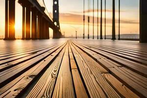 a long wooden walkway with the golden gate bridge in the background. AI-Generated photo