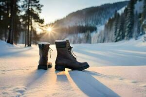 un par de botas estar en el nieve. generado por ai foto