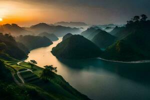 the sun rises over the mountains and river in vietnam. AI-Generated photo