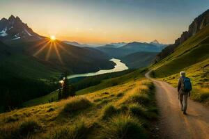 a man walks along a path in the mountains. AI-Generated photo