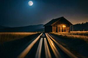 un pequeño cabina en el medio de un campo a noche. generado por ai foto