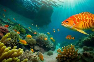 a fish swimming in the ocean with coral and other fish. AI-Generated photo