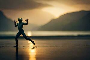 un hombre en un cuerpo traje es corriendo en el playa. generado por ai foto