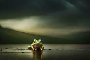 a frog sitting on the edge of a lake in front of a stormy sky. AI-Generated photo