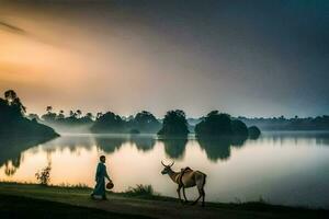 a man walking his donkey along the shore of a lake. AI-Generated photo