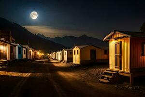 un fila de de madera chozas a noche con un lleno Luna. generado por ai foto