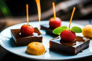 three small squares of chocolate with strawberries on sticks. AI-Generated photo