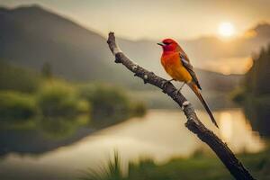 a red bird sits on a branch near a lake. AI-Generated photo