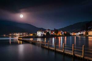 un de luna noche escena con un muelle y casas en el agua. generado por ai foto