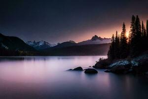 un lago y montañas en el antecedentes a puesta de sol. generado por ai foto