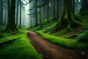 a path through a forest with mossy trees. AI-Generated photo