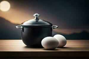 a black pot with two eggs on a table. AI-Generated photo