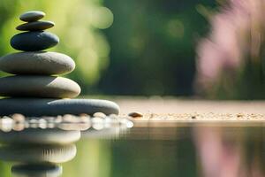 a stack of stones sitting on the ground next to water. AI-Generated photo