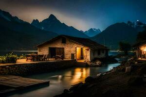 un cabina por el agua a noche. generado por ai foto