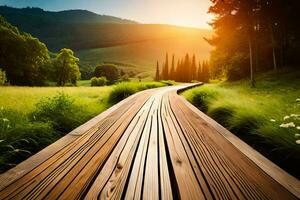 a wooden path leads to a beautiful sunset. AI-Generated photo