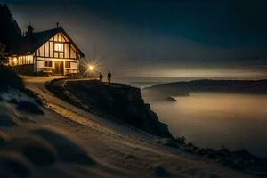 a house on the cliff at night with fog in the background. AI-Generated photo