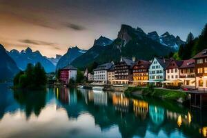 a town in the mountains with a lake and mountains in the background. AI-Generated photo