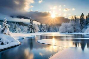 un río en el nieve. generado por ai foto