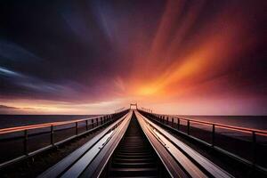 a long exposure photograph of a train track going over the ocean. AI-Generated photo