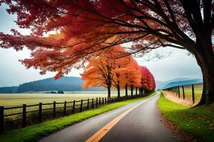 a road lined with trees and fall leaves. AI-Generated photo