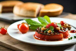 a plate with a grilled watermelon and tomato. AI-Generated photo