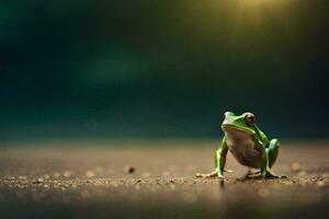 a frog is standing on the ground in front of the sun. AI-Generated photo