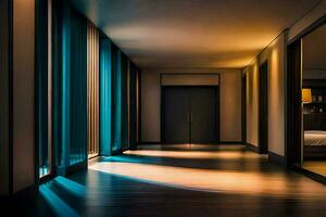 a hallway with light shining through the windows. AI-Generated photo