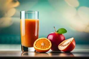 an orange juice and an apple are next to each other. AI-Generated photo
