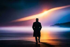 a man in a hat and coat walking along the beach at sunset. AI-Generated photo