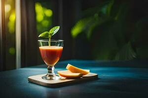 a glass of juice with a slice of orange on a wooden table. AI-Generated photo