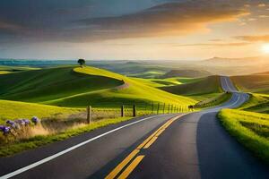 a road winding through the hills at sunset. AI-Generated photo