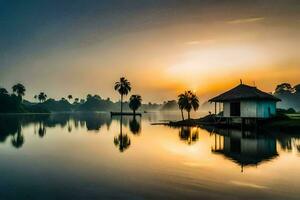 the sun rises over a lake and a hut. AI-Generated photo