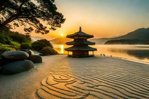 a pagoda sits on the sand at sunset. AI-Generated photo