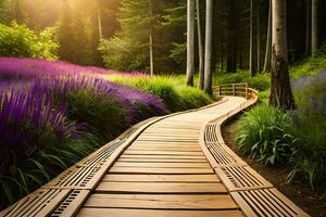 wooden path in the forest with purple flowers. AI-Generated photo