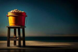 a bucket of peanuts on a stool. AI-Generated photo