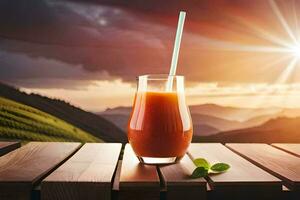 a glass of juice on a table with a mountain in the background. AI-Generated photo