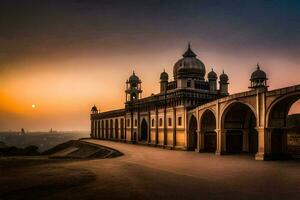 the sun sets over the mosque in this photo. AI-Generated photo