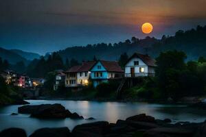 photo wallpaper the sky, moon, river, houses, mountains, river, the moon, the. AI-Generated