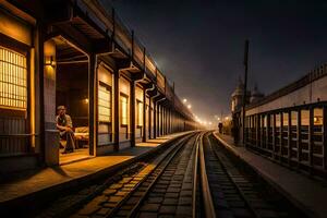 a man sitting on a train platform at night. AI-Generated photo