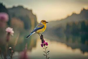a bird sits on a flower near a lake. AI-Generated photo