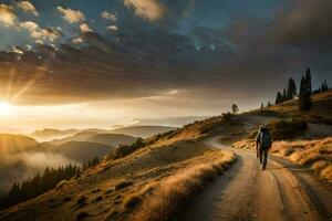 un persona caminando abajo un suciedad la carretera en el montañas. generado por ai foto