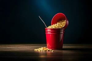 corn kernels in a red bucket on a dark wooden table. AI-Generated photo