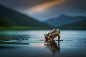 un rana sentado en el borde de un lago. generado por ai foto