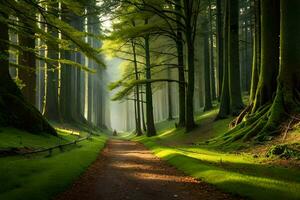 a path through a forest with trees and grass. AI-Generated photo