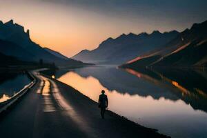 a man walks along a road in front of a lake at sunset. AI-Generated photo