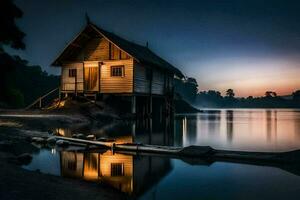 a small wooden house sits on the shore of a lake at dusk. AI-Generated photo